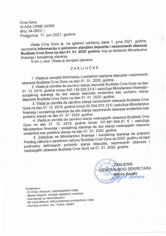Informacija o početnim stanjima depozita i neizmirenih obaveza budžeta Crne Gore na dan 01.01.2020. godine - zaključci