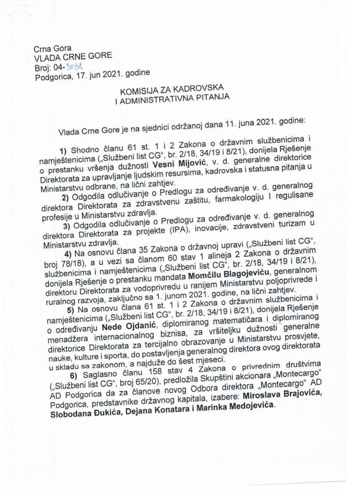 Кадровска питања - 27. сједница Владе Црне Горе - закључци