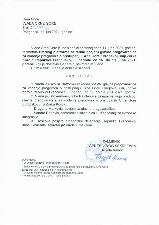 Предлог платформе за радну посјету главне преговарачице за вођење преговора о приступању Црне Горе Европској унији Зорке Кордић Републици Француској, 15-19. јуна 2021. године - закључци