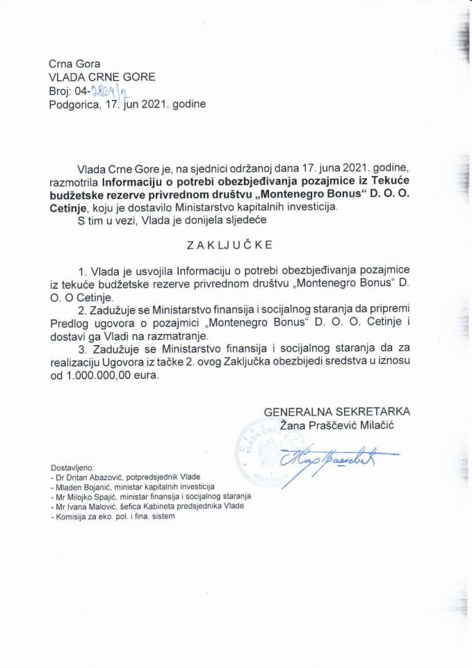 Informacija o potrebi obezbjeđivanja pozajmice iz Tekuće budžetske rezerve privrednom društvu „Montenegro Bonus” DOO Cetinje - zaključci