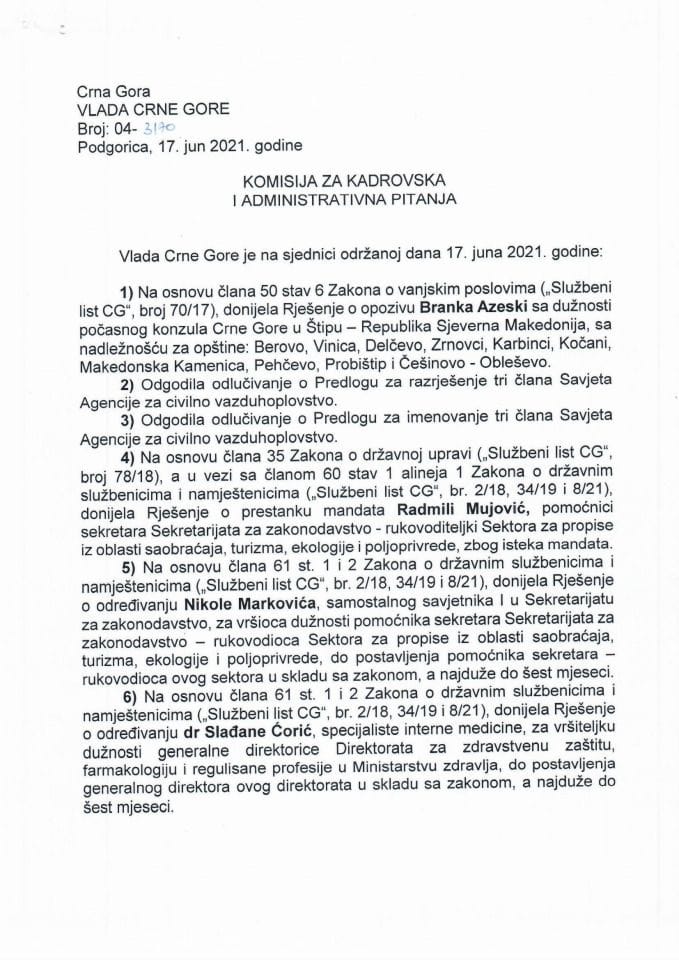 Kadrovska pitanja - 28. sjednica Vlade Crne Gore - zaključci