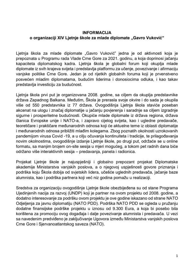 Informacija o organizaciji XIV Ljetnje škole za mlade diplomate „Gavro Vuković“ s Predlogom ugovora između Ministarstva vanjskih poslova Crne Gorei Sjevernoatlantskog saveza (NATO)