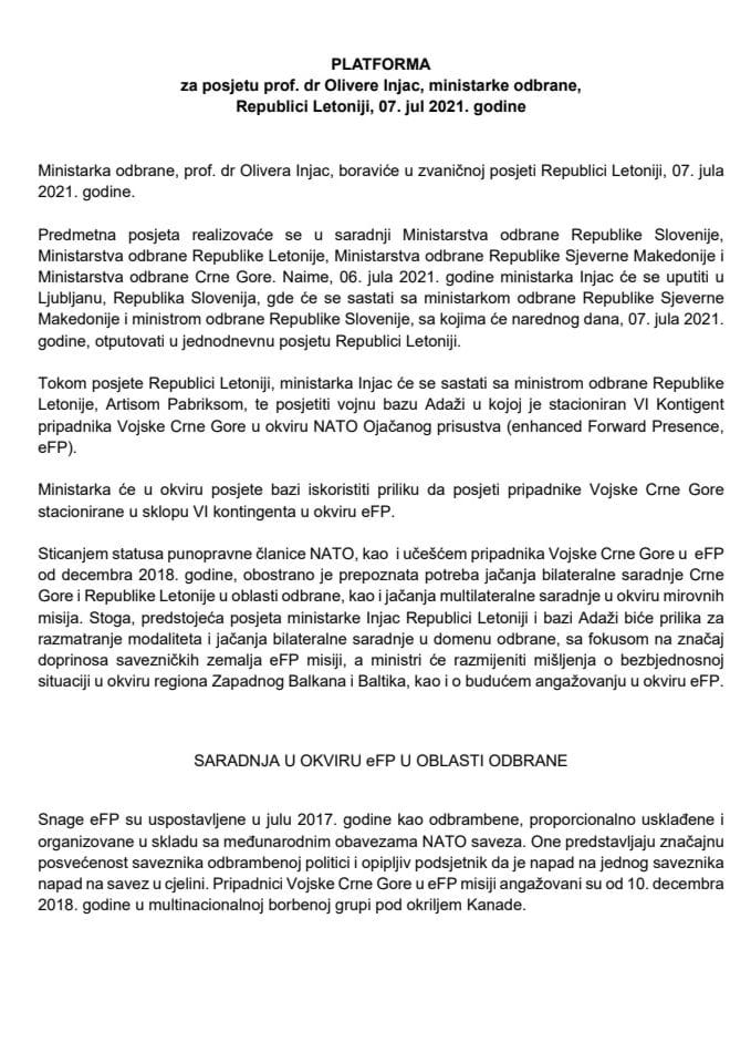 Predlog platforme za posjetu prof. dr Olivere Injac, ministarke odbrane, Republici Letoniji, 7. jula 2021. godine