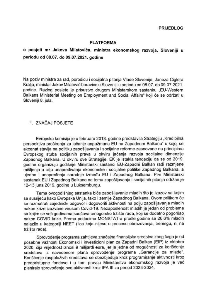 Предлог платформе за посјету мр Јакова Милатовића, министра економског развоја, Словенији, 8. и 9. 7. 2021. године