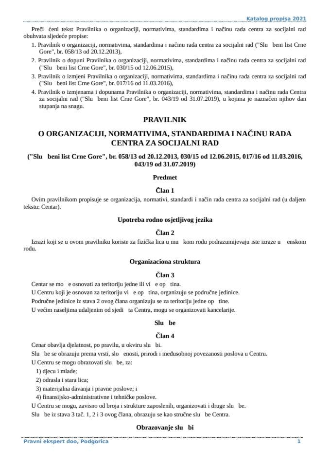 Pravilnik o organizaciji normativima standardima i nacinu rada centra za socijalni rad