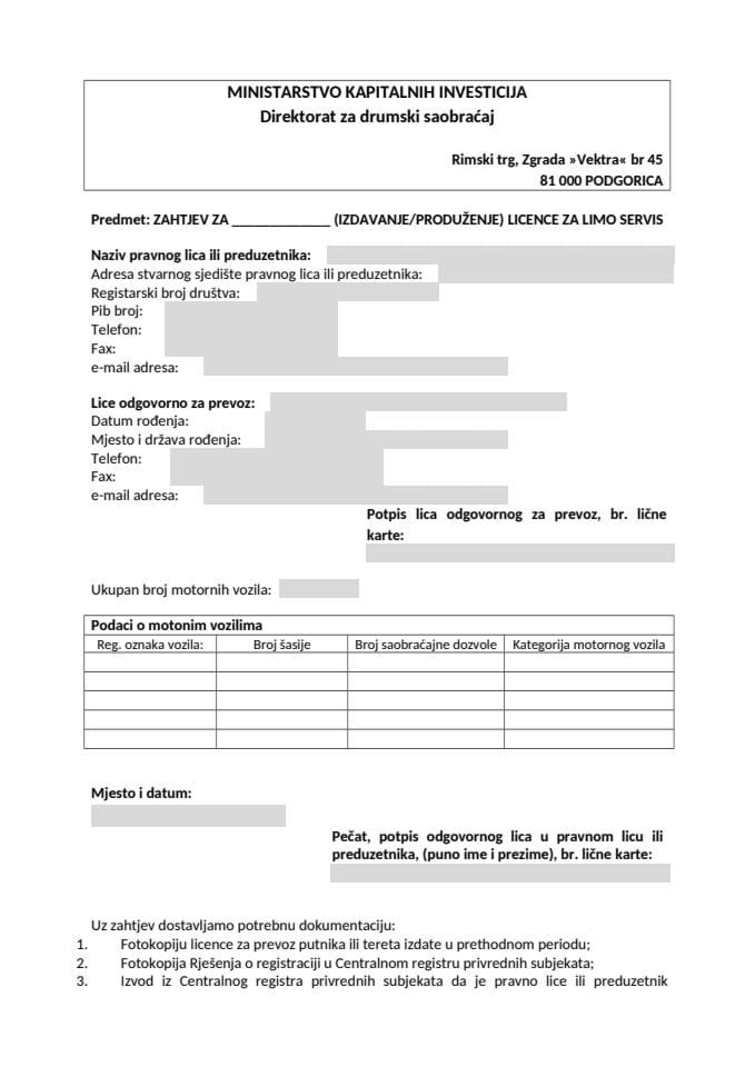 ZAHTJEV ZA IZDAVANJE LICENCE ZA LIMO SERVIS