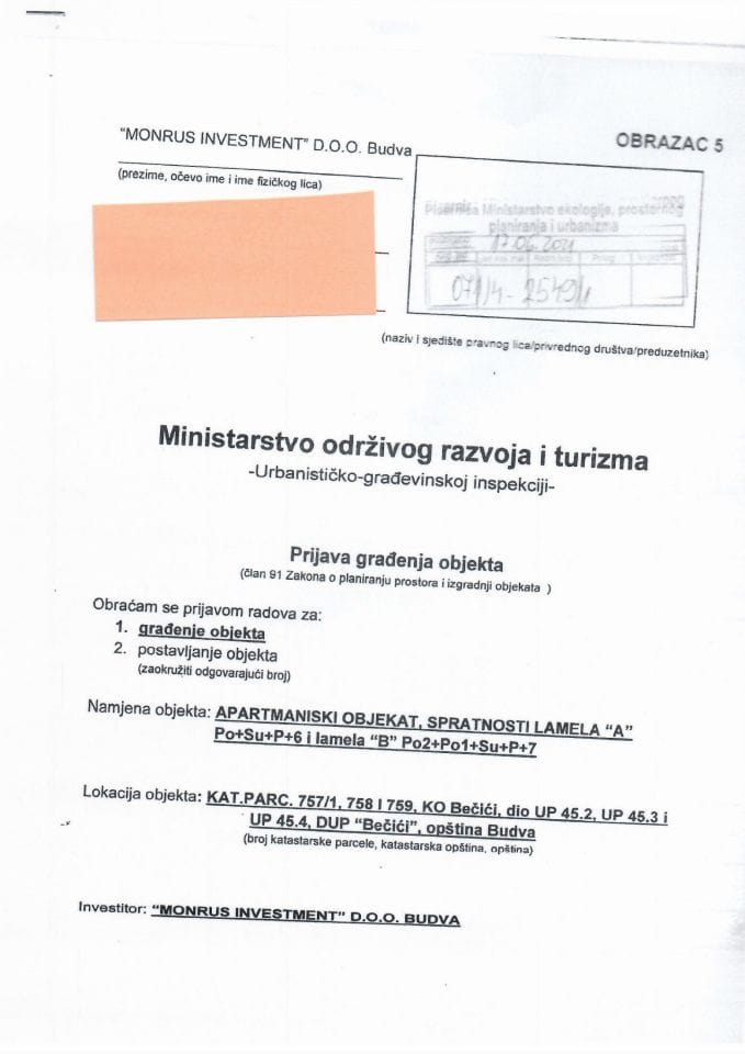 Prijava građenja objekta - 071-4-2549-3 Monrus Investment d.o.o.