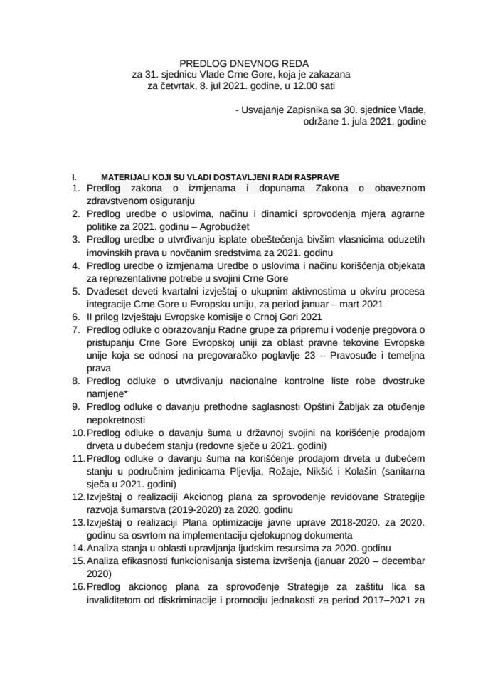 Predlog dnevnog reda za 31. sjednicu Vlade Crne Gore