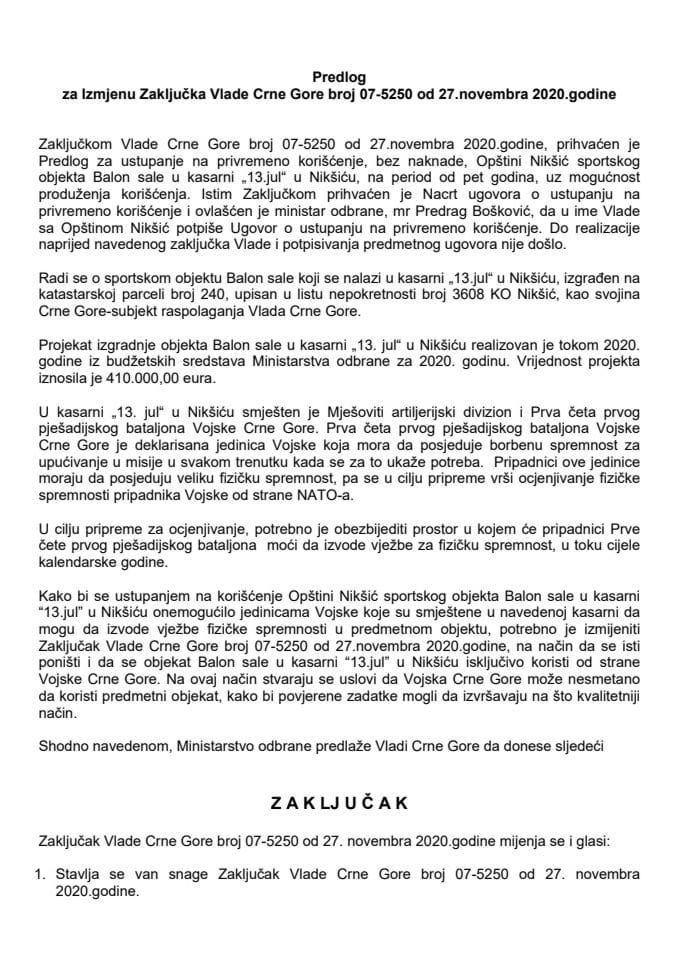 Predlog za izmjenu Zaključka Vlade Crne Gore, broj: 07-5250, od 27. novembra 2020. godine (bez rasprave)