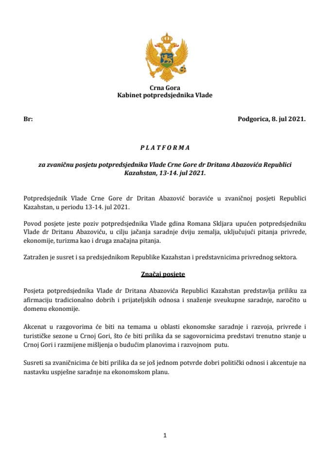 Predlog platforme za zvaničnu posjetu potpredsjednika Vlade Crne Gore dr Dritana Abazovića Republici Kazahstan, 13. i 14. jula 2021. godine (bez rasprave)