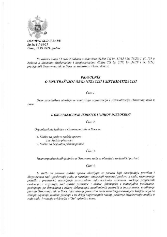 Предлог правилника о унутрашњој организацији и систематизацији Основног суда у Бару (без расправе)