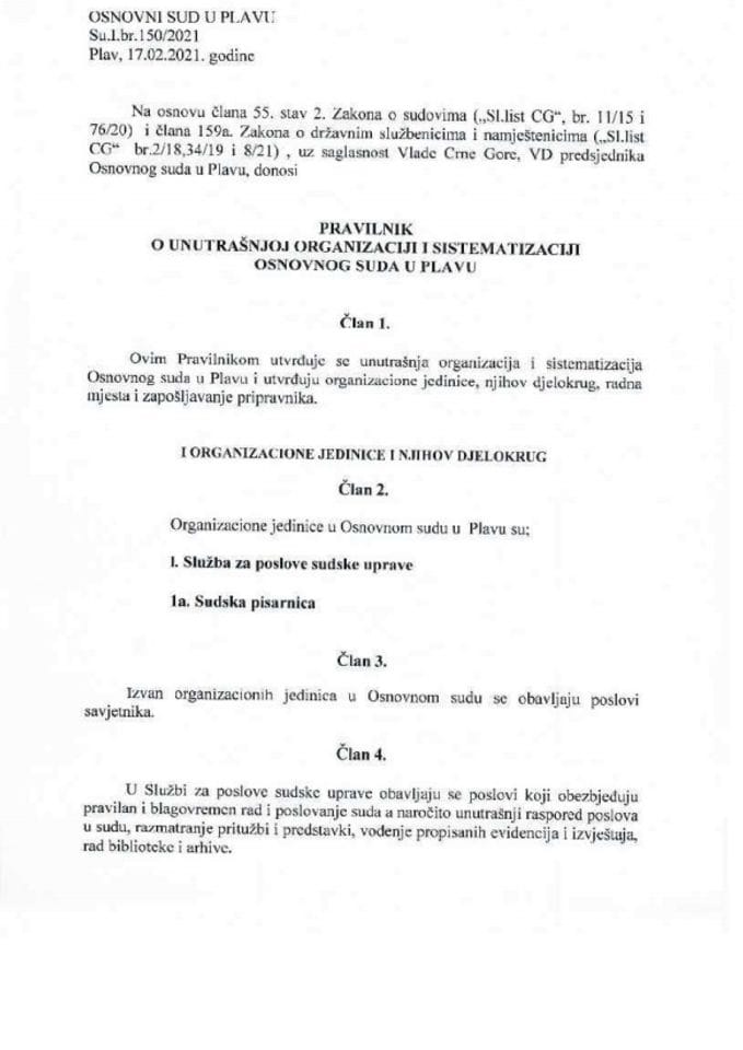 Предлог правилника о унутрашњој организацији и систематизацији Основног суда у Плаву (без расправе)