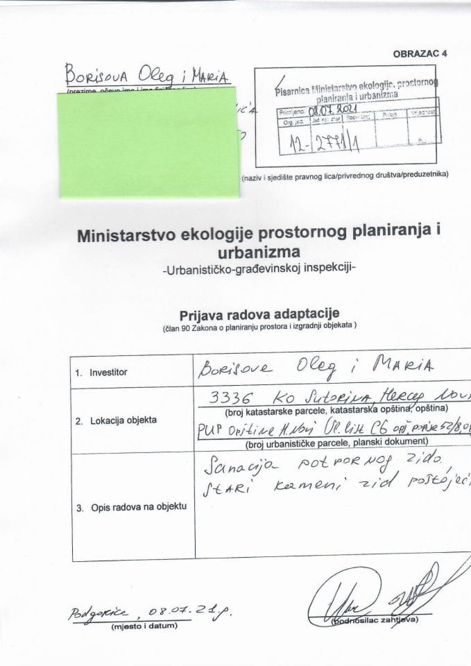 Prijava radova adaptacije - 12-2771-1 BORISOVA OLEG I MARIA