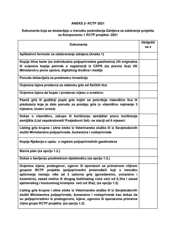 АНЕКС 2 - Потребна документација уз захтјев за одобравање пројекта за компоненту 1 РЦТП 2021
