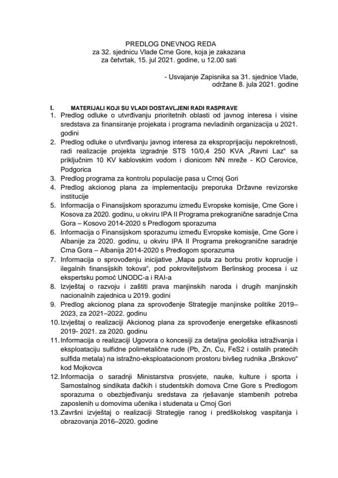 Predlog dnevnog reda za 32. sjednicu Vlade Crne Gore