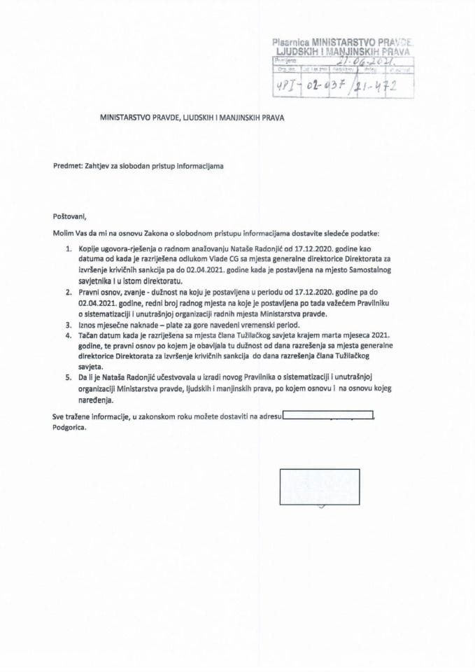 Слободан приступ информацијама број УПИ-02-03721-472 – акта о ангажовању Наташе Радоњић.