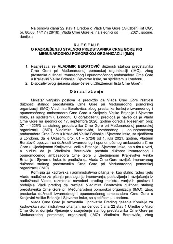 Предлог за разрјешење сталног представника Црне Горе при Међународној поморској организацији (IMO)