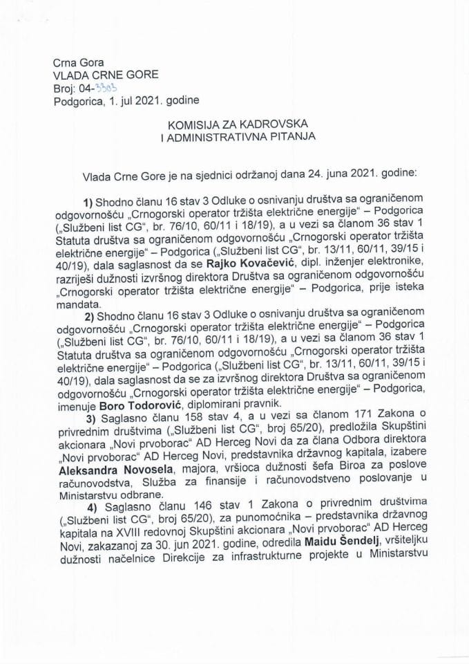 Kadrovska pitanja sa 29. sjednice Vlade Crne Gore - zaključci