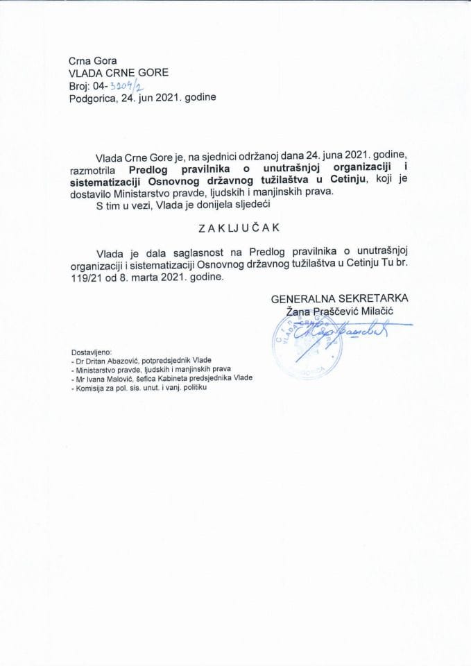 Predlog pravilnika o unutrašnjoj organizaciji i sistematizaciji Osnovnog državnog tužilaštva u Cetinju - zaključci