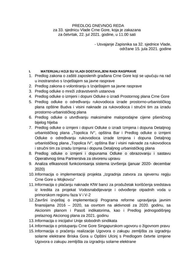 Predlog dnevnog reda za 33. sjednicu Vlade Crne Gore