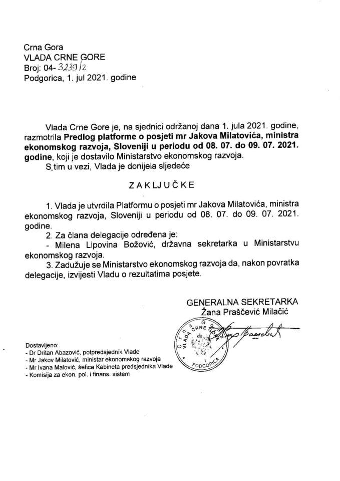 Предлог платформе за посјету мр Јакова Милатовића, министра економског развоја, Словенији, 8. и 9. 7. 2021. године - закључци