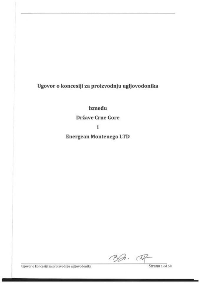 Уговор о концесији за производњу угљоводоника између Државе Црне Горе и Енергеан Монтенегро ЛТД