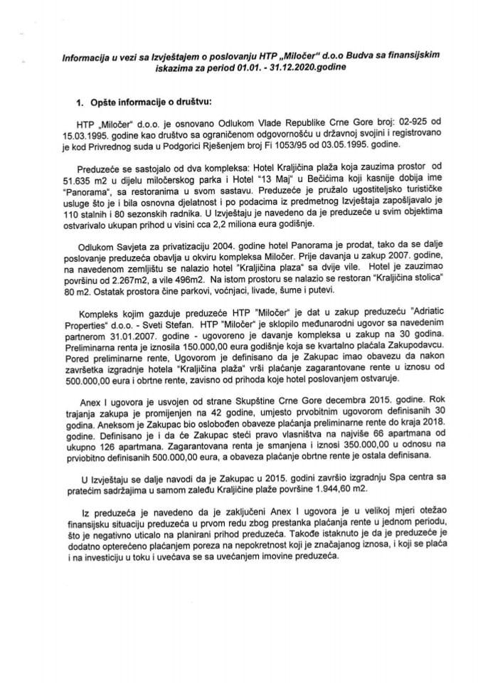 Izvještaj o poslovanju HTP „Miločer“ doo Budva sa finansijskim iskazima za period 01.01. - 31.12.2020. godine