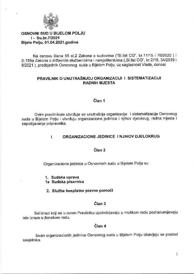 Predlog pravilnika o unutrašnjoj organizaciji i sistematizaciji Osnovnog suda u Bijelom Polju