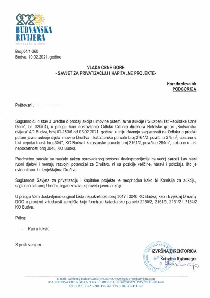 Zahtjev HG “Budvanska rivijera” AD – Budva za davanje saglasnosti na prodaju dijela imovine putem javne aukcije