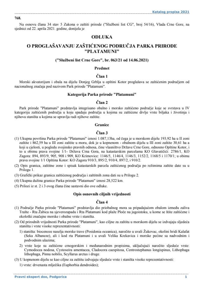 Odluka o proglašavanju zaštićenog područja parka prirode "Platamuni "("Službeni list Crne Gore", br. 063/21 od 14.06.2021)