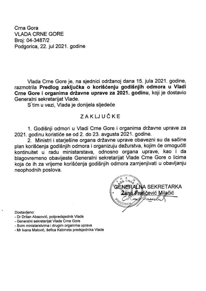 Predlog zaključka o korišćenju godišnjih odmora u Vladi Crne Gore i organima državne uprave za 2021. godinu - zaključci