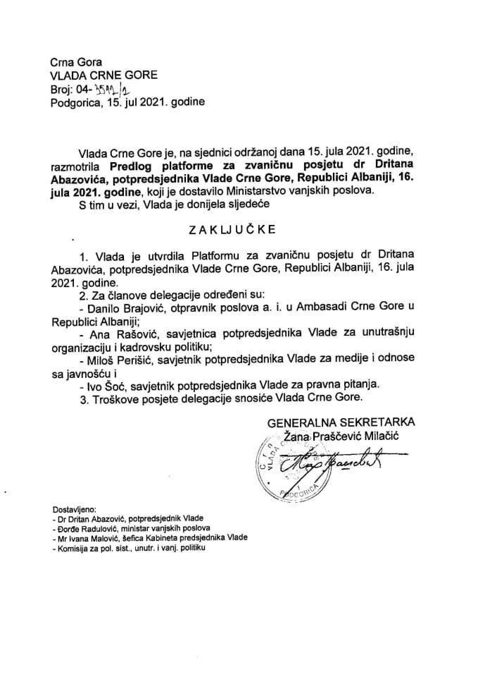 Predlog platforme za zvaničnu posjetu potpredsjednika Vlade Crne Gore dr Dritana Abazovića Republici Albaniji, 16. jula 2021. godine - zaključci