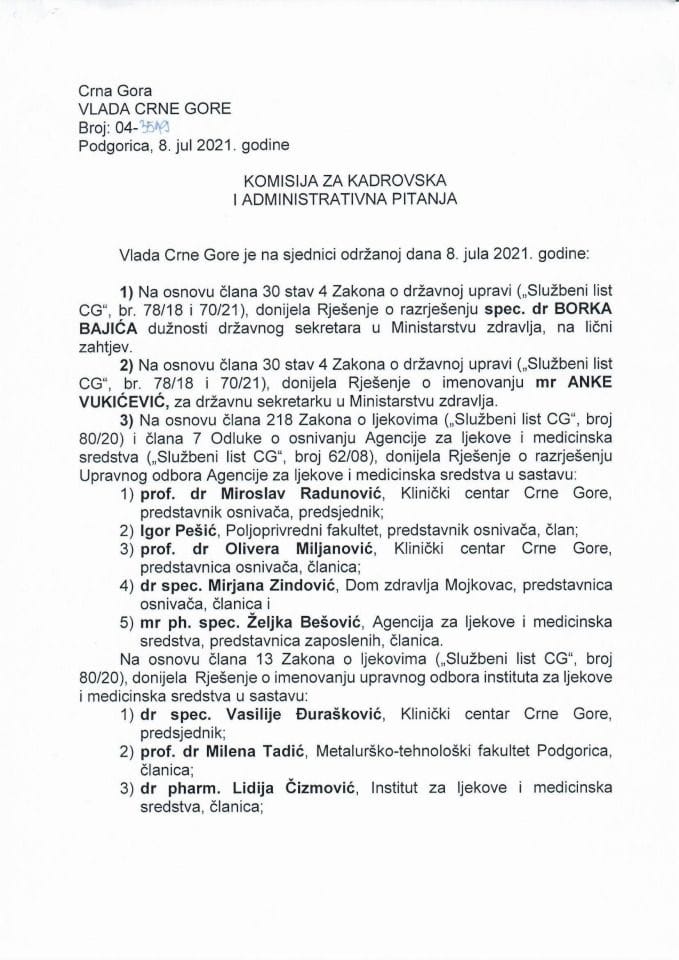 Kadrovska pitanja sa 31. sjednice Vlade Crne Gore - zaključci