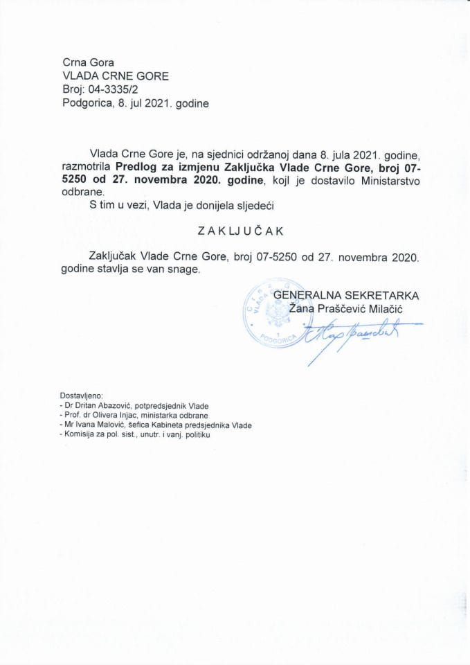 Predlog za izmjenu Zaključka Vlade Crne Gore, broj: 07-5250, od 27. novembra 2020. godine (bez rasprave) - zaključci