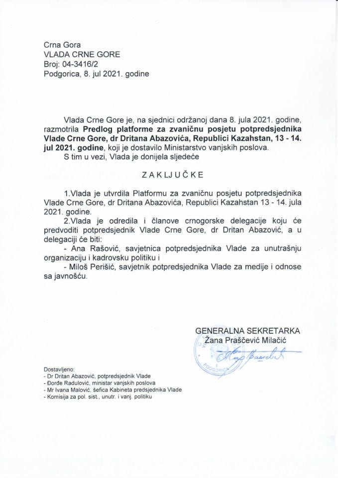 Predlog platforme za zvaničnu posjetu potpredsjednika Vlade Crne Gore dr Dritana Abazovića Republici Kazahstan, 13. i 14. jula 2021. godine (bez rasprave) - zaključci