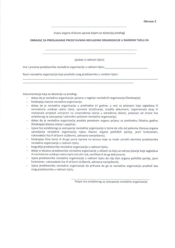 Obrazac 2 za predlaganje predstavnika nevladine organizacije u radnom tijelu