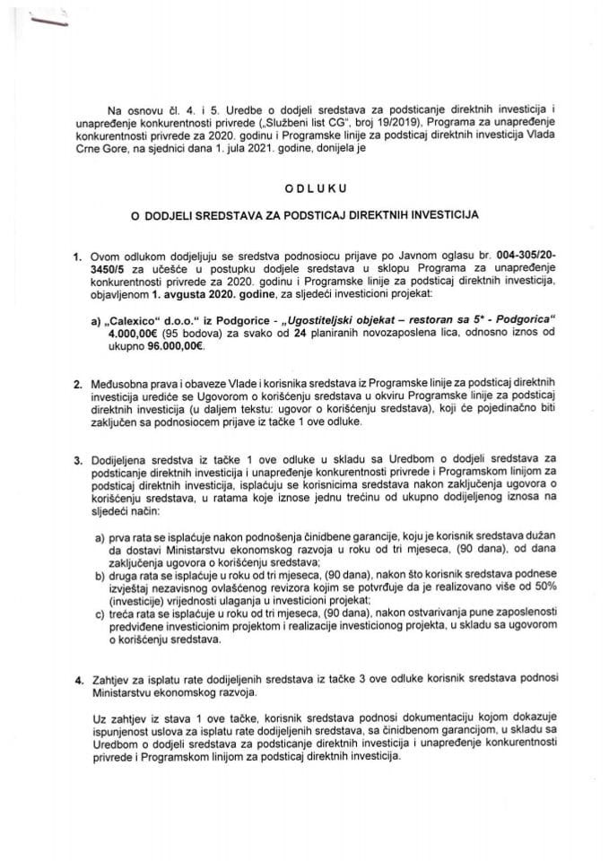 Odluka o dodjeli sredstava Calexico d.o.o. Podgorica
