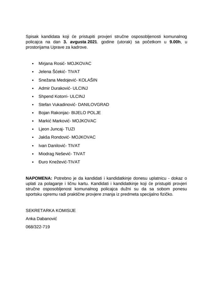 Spisak kandidata 3. 8.2021. - komunalna policija