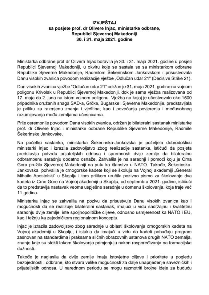 Izvještaj sa posjete prof. dr Olivere Injac, ministarke odbrane, Republici Sjevernoj Makedoniji 30. i 31. maja 2021. godine