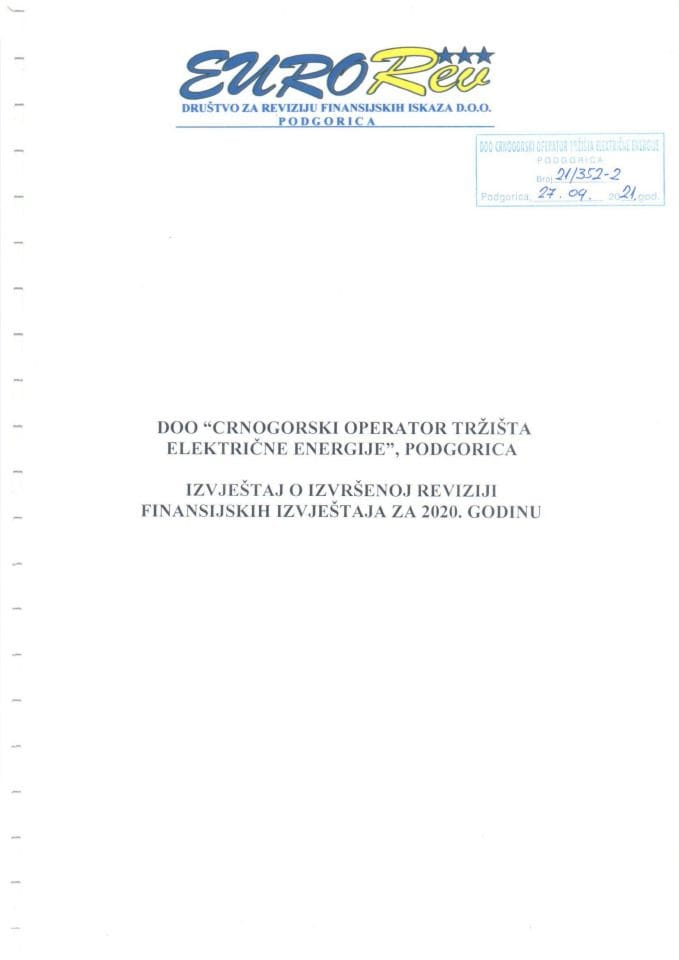 Ревизорски извјештај 31122020 Црногорски оператер тржишта електричне енергије доо