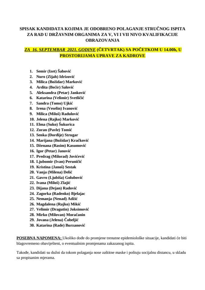 Списак кандидата 16. септембар 2021. године -ВСС