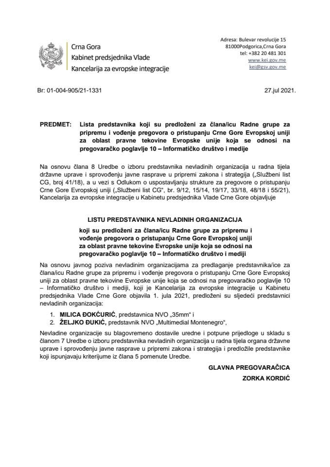 Lista predstavnika NVO koji su predloženi za člana/icu Radne grupe za pregovaračko poglavlje 10 – Informatičko društvo i mediji