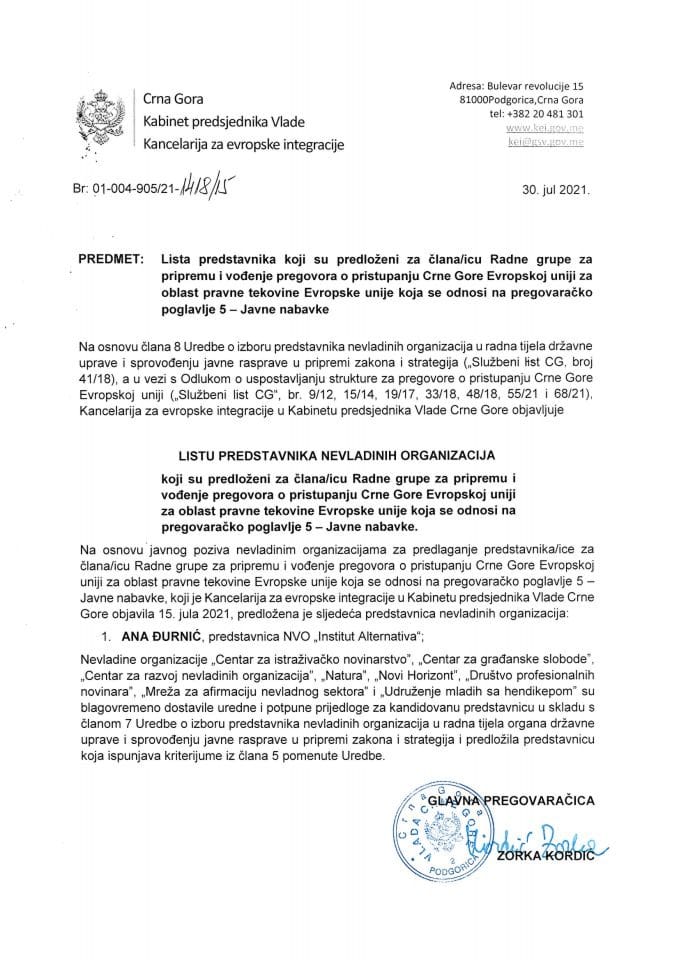 Lista predstavnika NVO koji su predloženi za člana/icu Radne grupe za pregovaračko poglavlje 5 – Javne nabavke