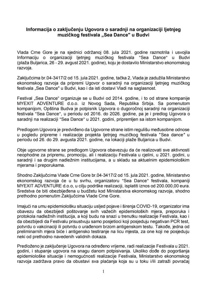 Информација о закључењу уговора о сарадњи на организацији љетњег музичког фестивала „Sea Dance“ у Будви (без расправе)
