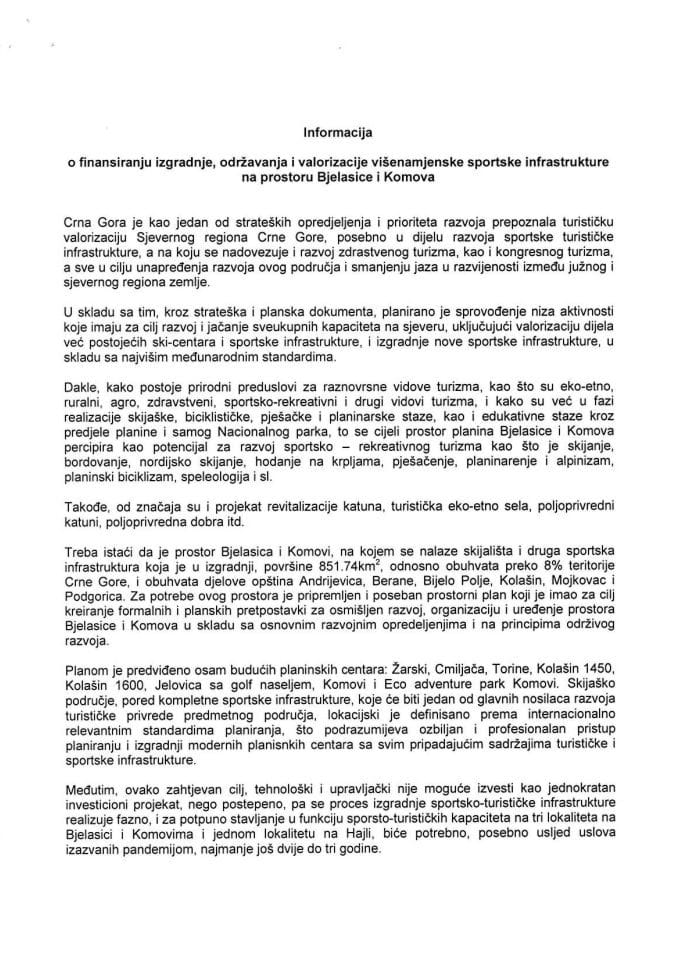 Informacija o finansiranju izgradnje, održavanja i valorizacije višenamjenske sportske infrastrukture na prostoru Bjelasice i Komova