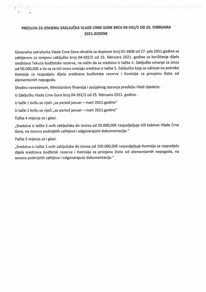 Predlog za izmjenu Zaključka Vlade Crne Gore, broj: 04-592/2, od 25. februara 2021. godine