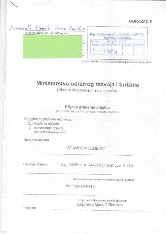 Prijava građenja objekta - 12-2968-1 LAZAREVIĆ MANDIĆ RADMILA