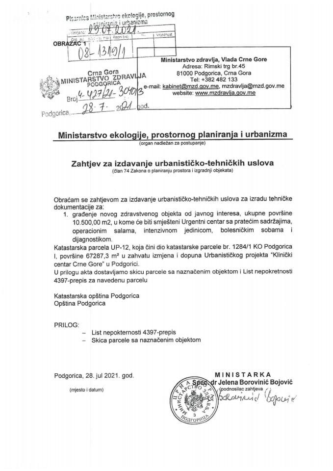 Zahtjevi za izdavanje urbanističko tehničkih uslova - 08-1319/1 Ministarstvo zdravlja