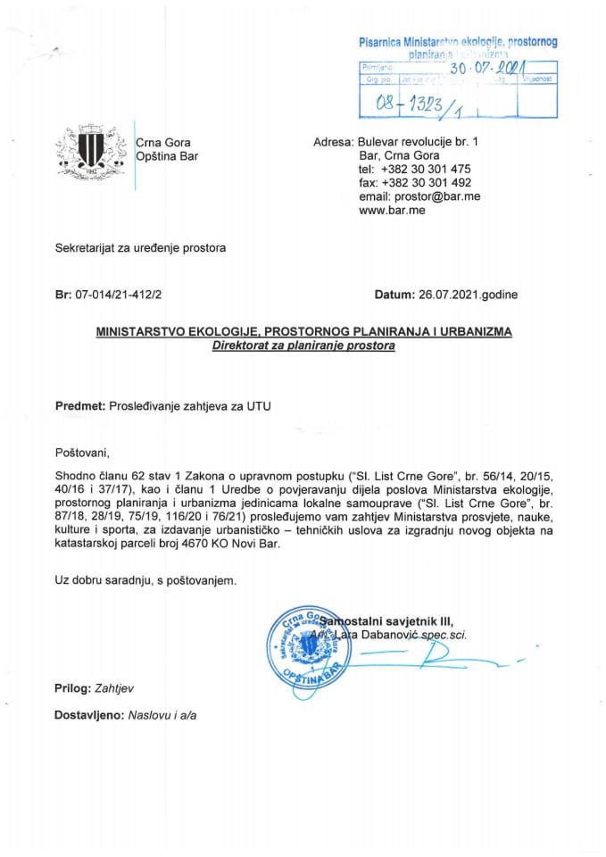 Zahtjevi za izdavanje urbanističko tehničkih uslova - 08-1323/1 Opština Bar  -Sekretarijat za uredjenje prostora