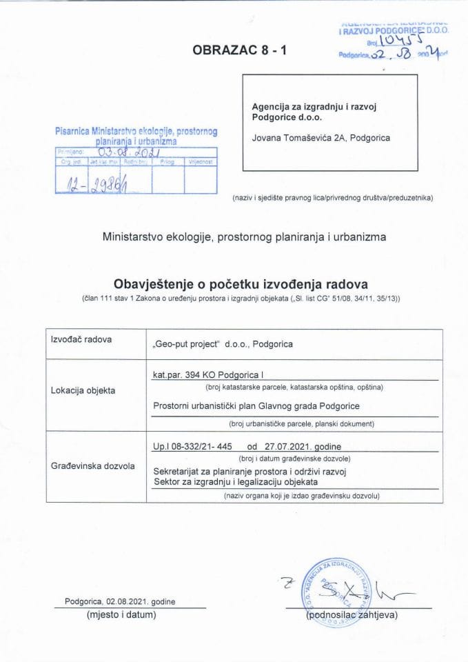 Prijava radova adaptacije - 12-2986-1 GEO-PUT PROJECT DOO PODGORICA
